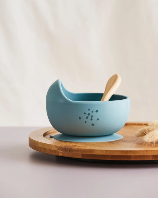 Silicone baby suction bowls with wooden spoon- Cobalt Blue